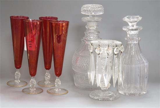 Four Murano glasses, a lustre and two decanters